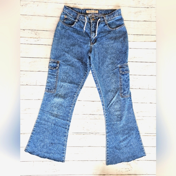 Vintage Y2k Zana Di Blue Denim Cargo Pocket Jeans Flare Distressed w/ Tie String - Picture 2 of 13